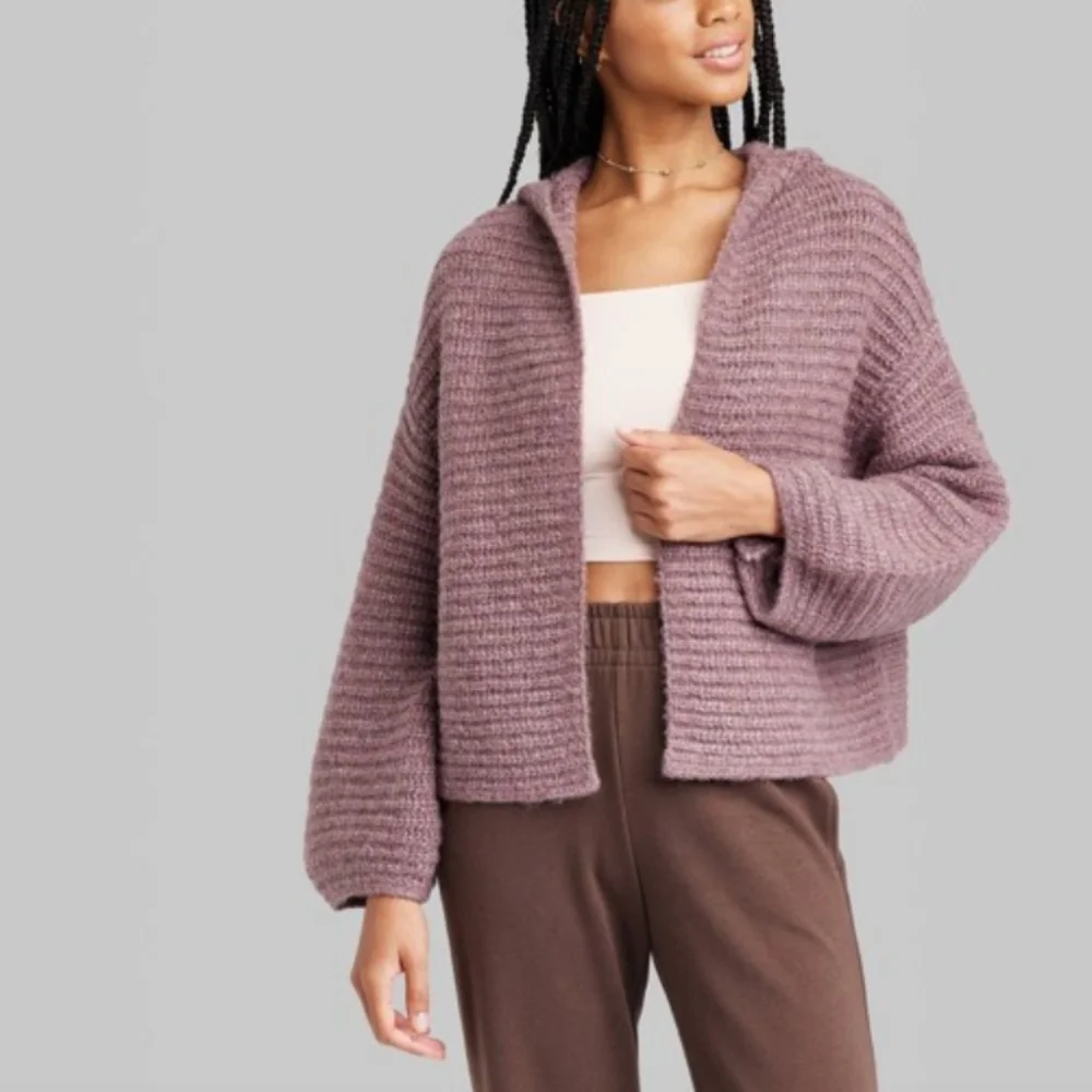 Wild Fable Chestnut Slouchy Ribbed Knit Open Front Hooded Cardigan Size XS